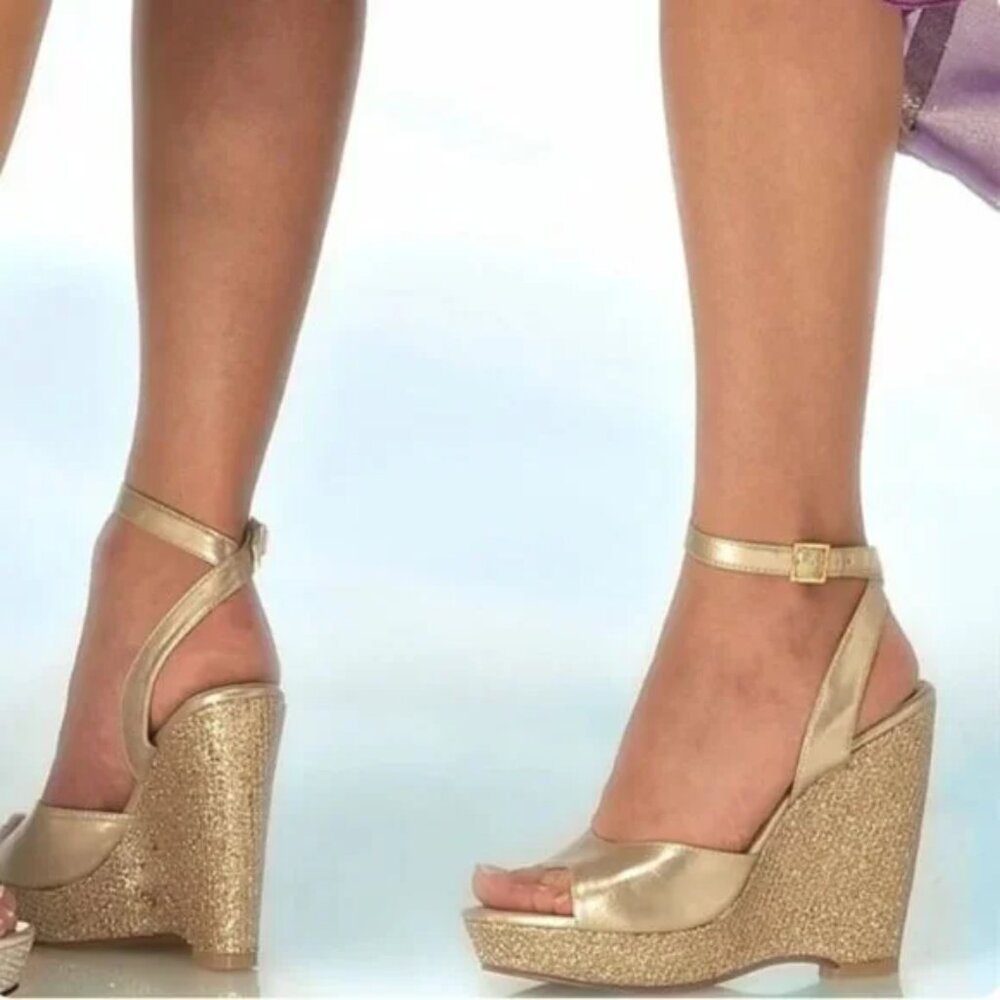 FSJ Women's Gold Wedge Sandals Glitter Platform Ankle Strap Heels